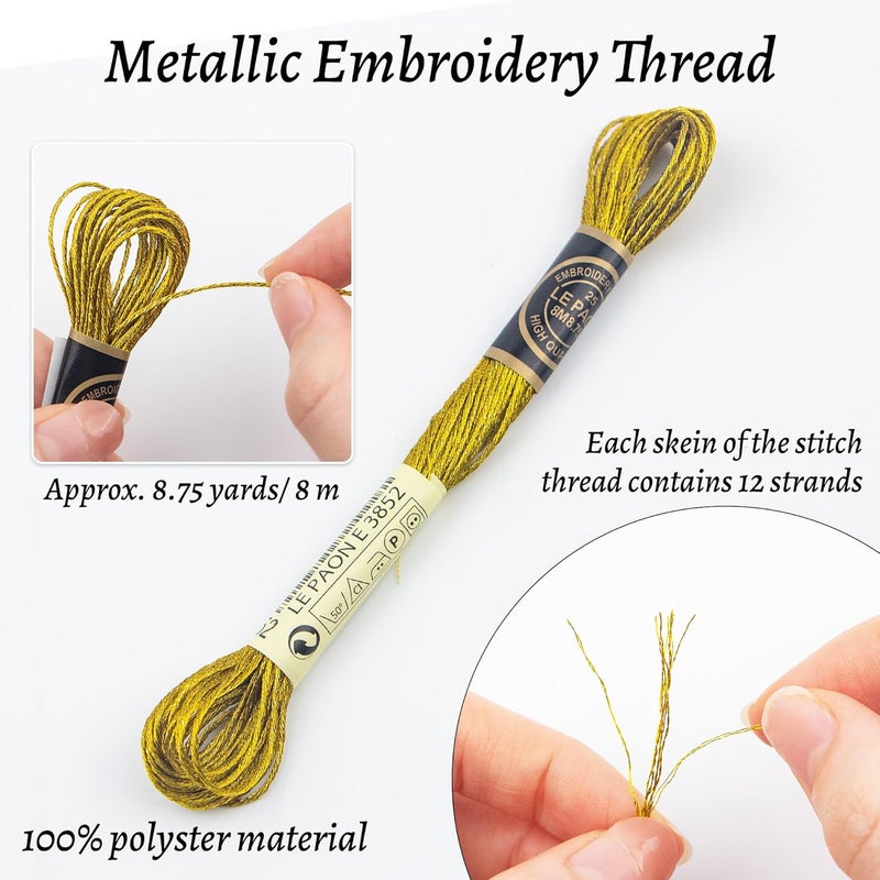 krastmon 6 Skeins Embroidery Thread, Metallic Gold Embroidery Floss Friendship Bracelet String, Polyester Cross-Stitch Threads for Hand Embroidery, String Art - Image 2